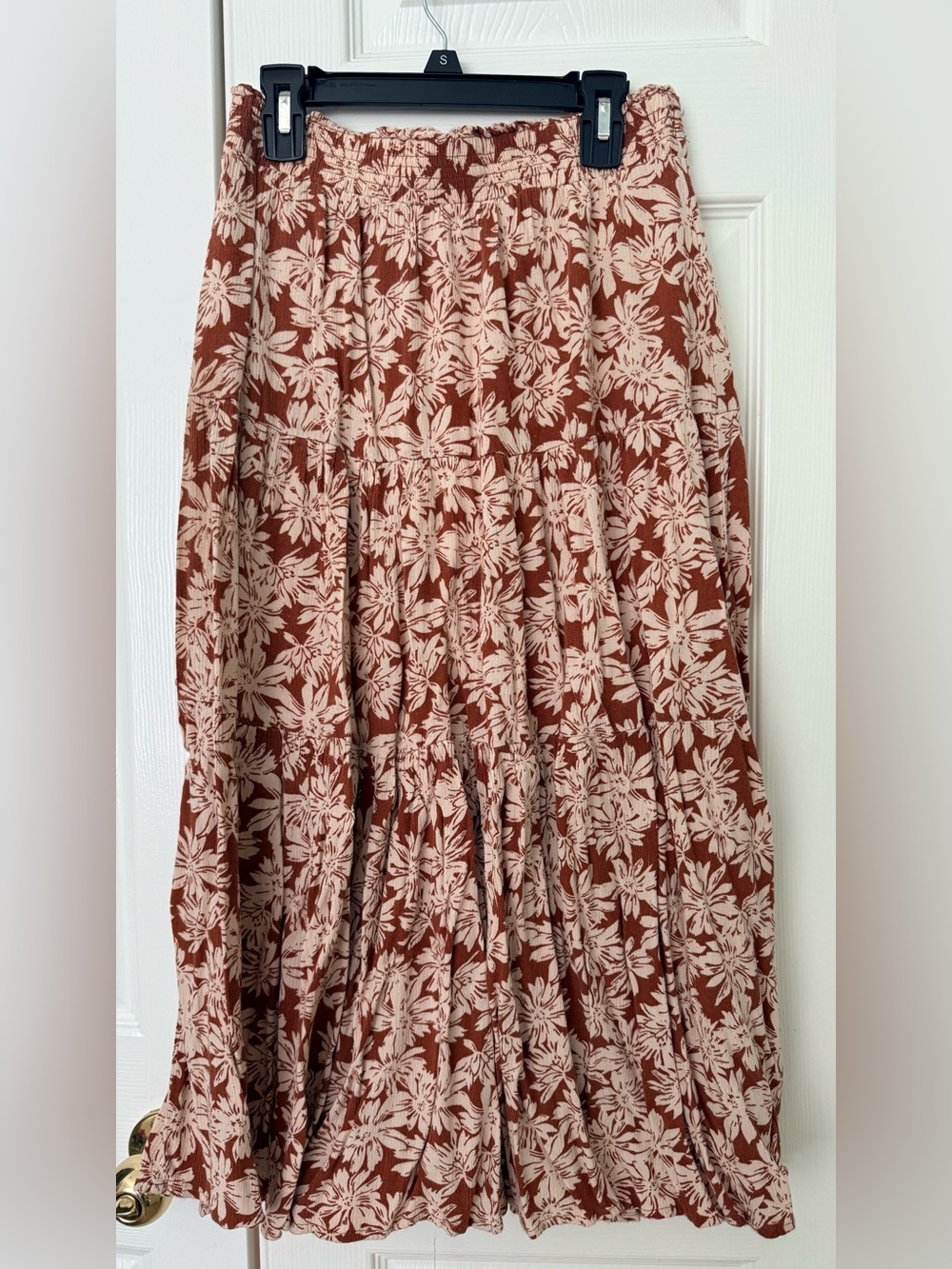 Maternity Floral Tiered Maxi Skirt in Rust and Cream